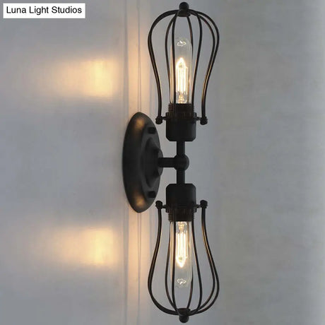 Vintage Industrial 1/2-Light Metal Bulb Wall Sconce With Cage Shade For Restaurants - Black/Nickel