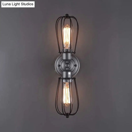Vintage Industrial 1/2-Light Metal Bulb Wall Sconce With Cage Shade For Restaurants - Black/Nickel