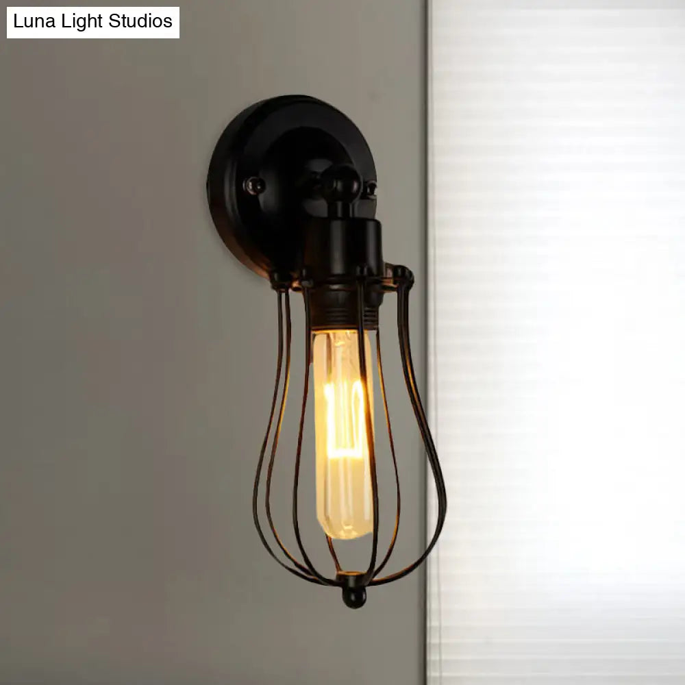 Vintage Industrial 1/2-Light Metal Bulb Wall Sconce With Cage Shade For Restaurants - Black/Nickel