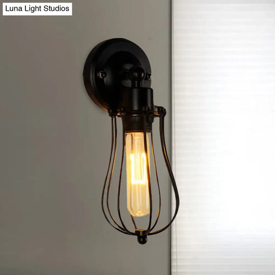 Vintage Industrial 1/2-Light Metal Bulb Wall Sconce With Cage Shade For Restaurants - Black/Nickel