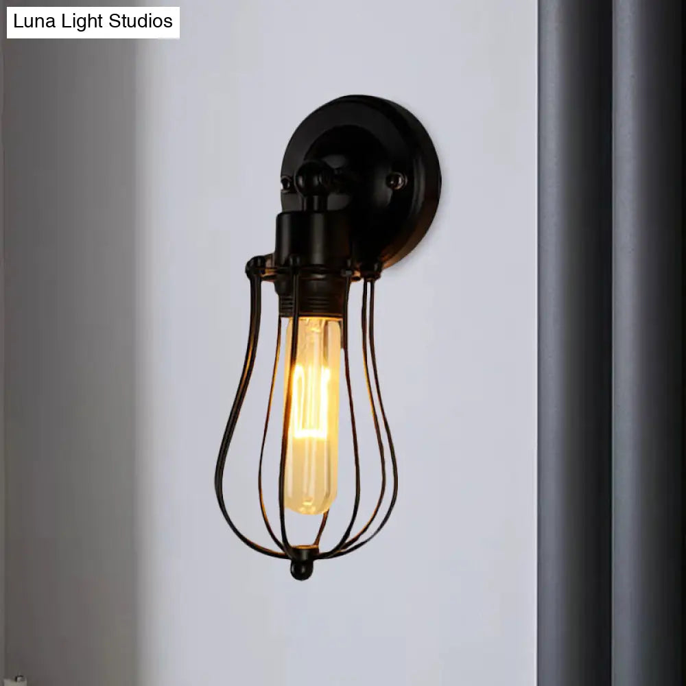 Vintage Industrial 1/2-Light Metal Bulb Wall Sconce With Cage Shade For Restaurants - Black/Nickel