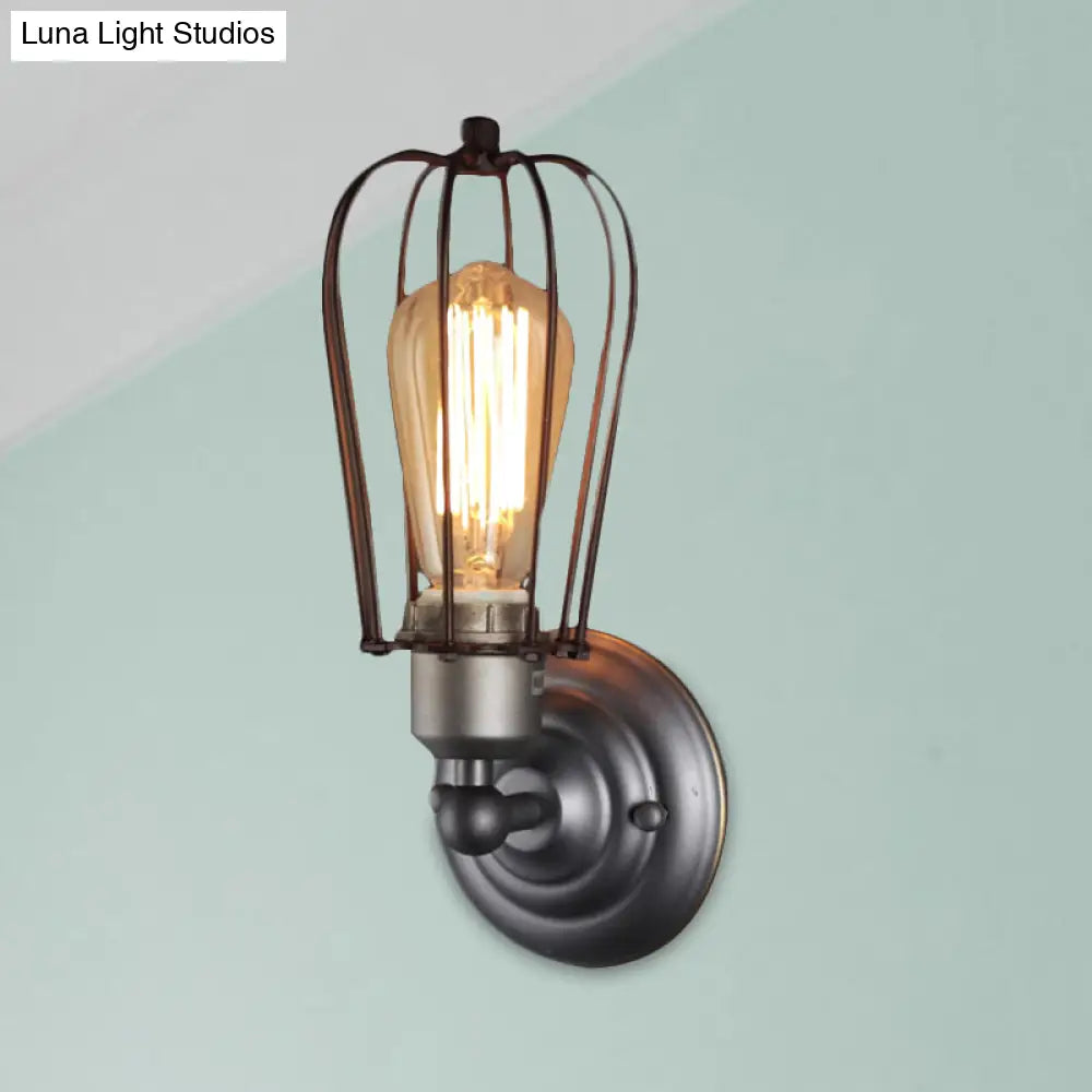 Vintage Industrial 1/2-Light Metal Bulb Wall Sconce With Cage Shade For Restaurants - Black/Nickel