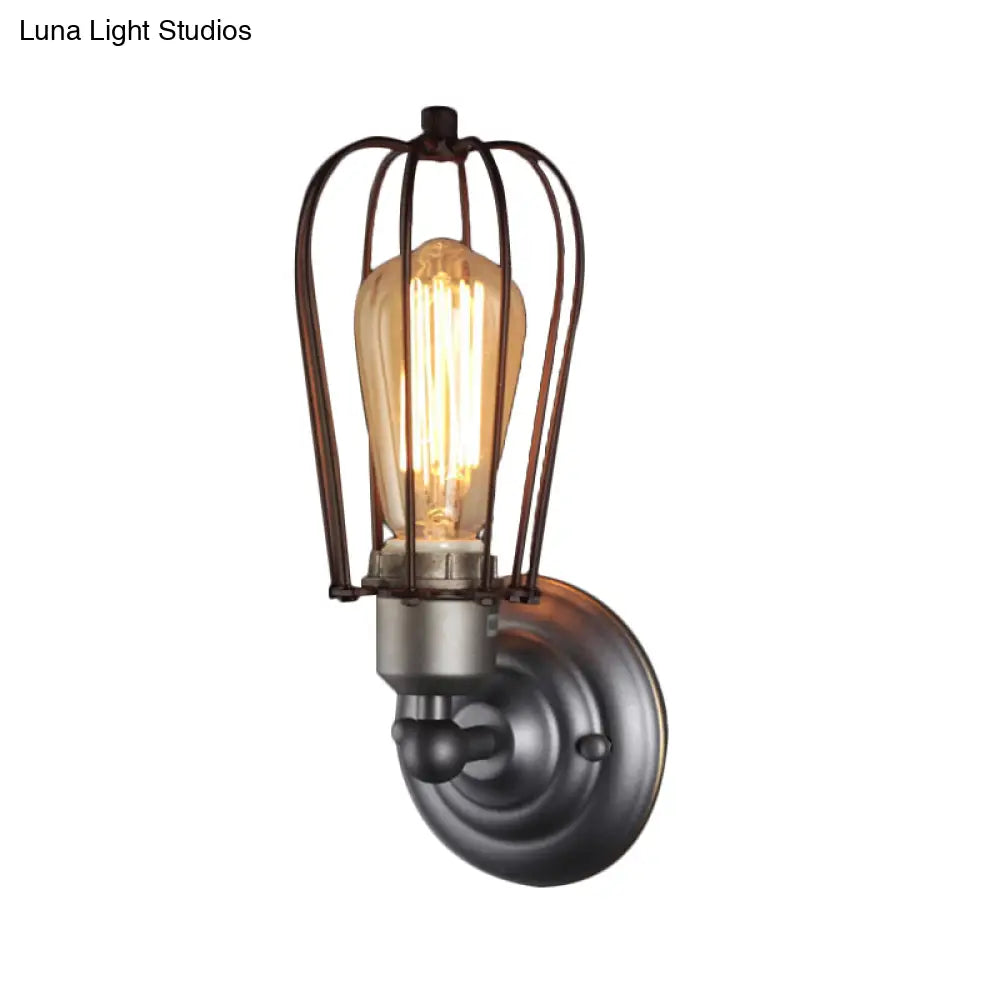 Vintage Industrial 1/2-Light Metal Bulb Wall Sconce With Cage Shade For Restaurants - Black/Nickel