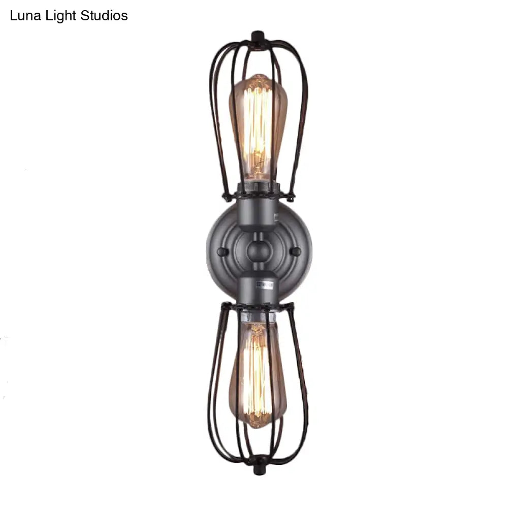 Vintage Industrial 1/2-Light Metal Bulb Wall Sconce With Cage Shade For Restaurants - Black/Nickel