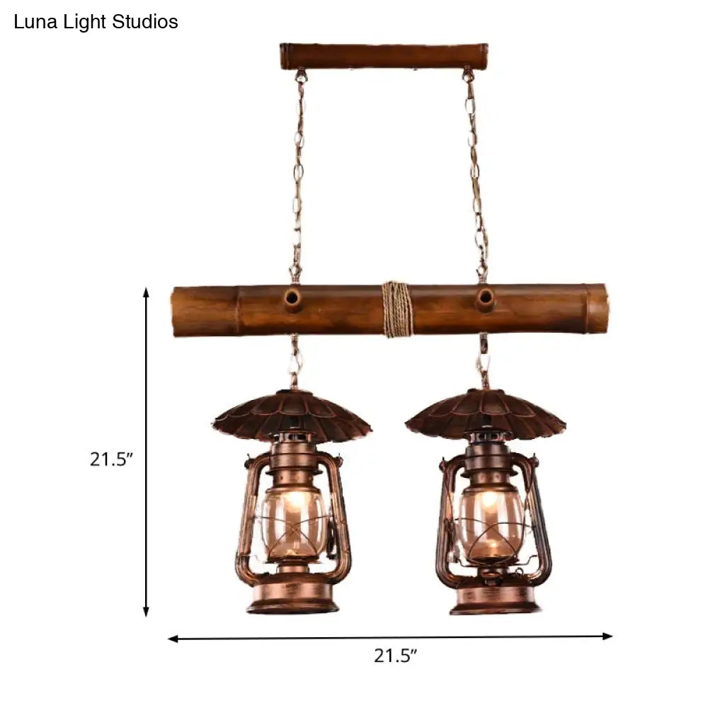 Vintage Industrial 2-Light Island Pendant In Red Brown - Kerosene Metallic Chandelier Lighting
