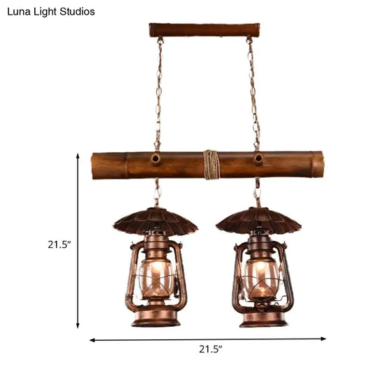 Vintage Industrial 2-Light Island Pendant In Red Brown - Kerosene Metallic Chandelier Lighting