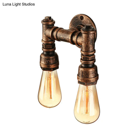 Vintage Industrial 2-Light Wall Sconce With Water Pipe Décor In Black/Antique Brass