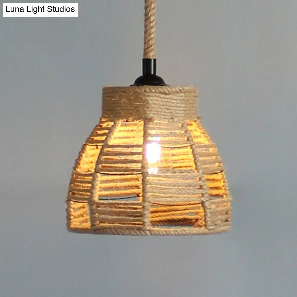Vintage Industrial Beige Domed Pendant Lighting With Natural Rope - 1-Light Restaurant Hanging Lamp