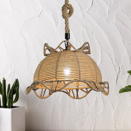 Vintage Industrial Beige Domed Pendant Lighting With Natural Rope - 1-Light Restaurant Hanging Lamp