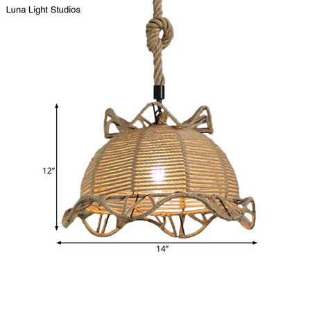 Vintage Industrial Beige Domed Pendant Lighting With Natural Rope - 1-Light Restaurant Hanging Lamp