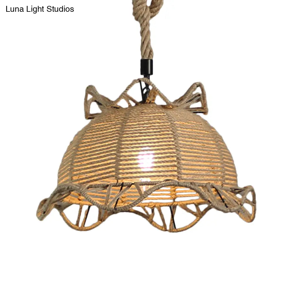 Vintage Industrial Beige Domed Pendant Lighting With Natural Rope - 1-Light Restaurant Hanging Lamp