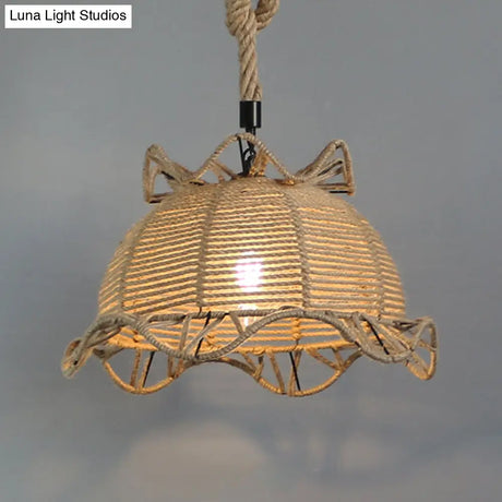 Vintage Industrial Beige Domed Pendant Lighting With Natural Rope - 1-Light Restaurant Hanging Lamp