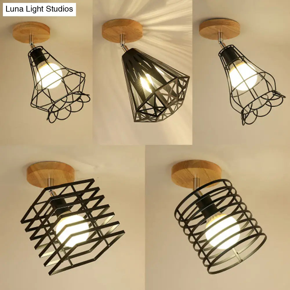 Vintage Industrial Black Ceiling Light Fixture - Metallic Cylinder/Square Cage Design Bedroom Semi
