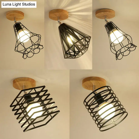 Vintage Industrial Black Ceiling Light Fixture - Metallic Cylinder/Square Cage Design Bedroom Semi