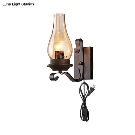 Vintage Industrial Black Cognac Glass Candle Wall Sconce With Plug-In Cord