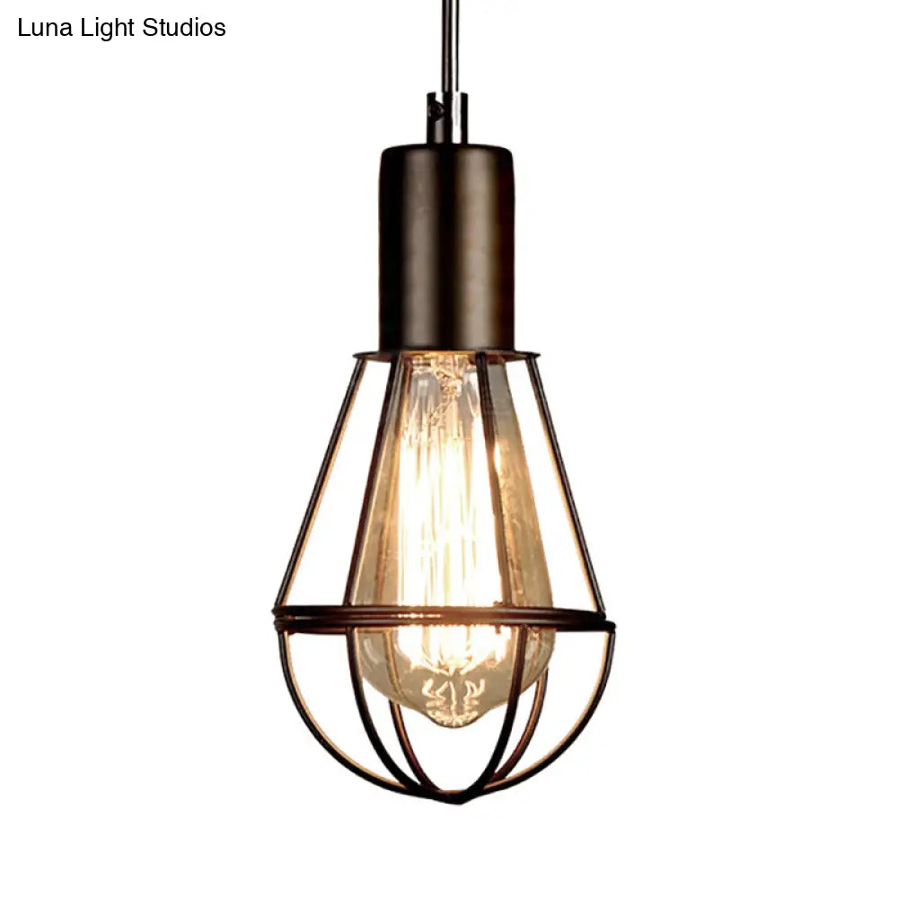 Vintage Industrial Cage Pendant Light - Small Black Metal Hanging Lamp For Living Room