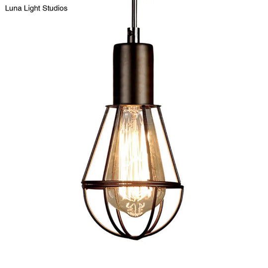 Vintage Industrial Cage Pendant Light - Small Black Metal Hanging Lamp For Living Room