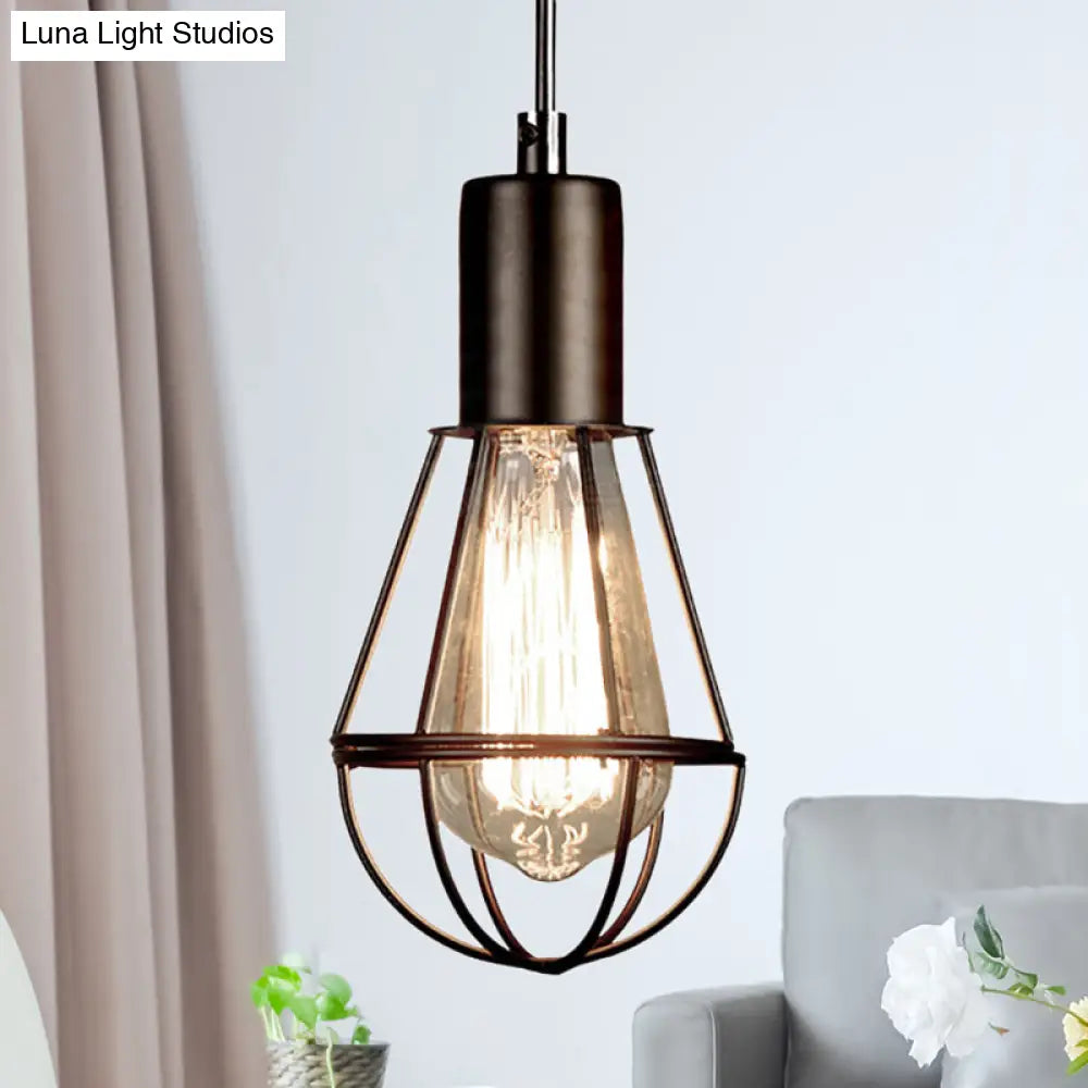 Vintage Industrial Cage Pendant Light - Small Black Metal Hanging Lamp For Living Room