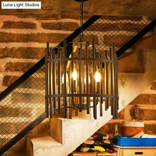 Vintage Industrial 4 Head Metal Chandelier Pendant Light For Restaurants - Black Caged Design