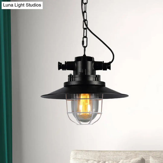 Vintage Industrial Metal Black Down Lighting Pendant Lamp With Caged Clear Glass Shade