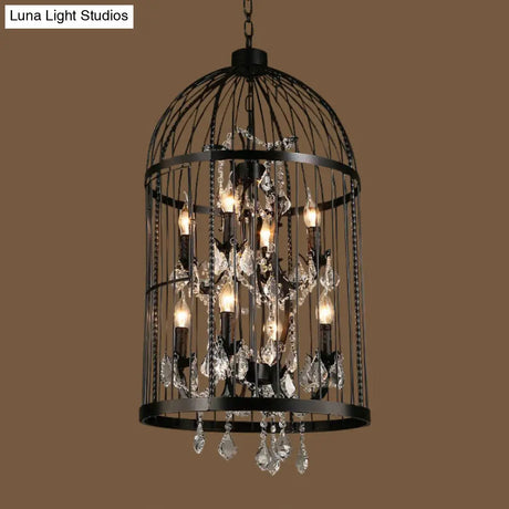 Vintage Industrial Black Metal Pendant Light With Crystal Deco - Multi Birdcage Hanging Design