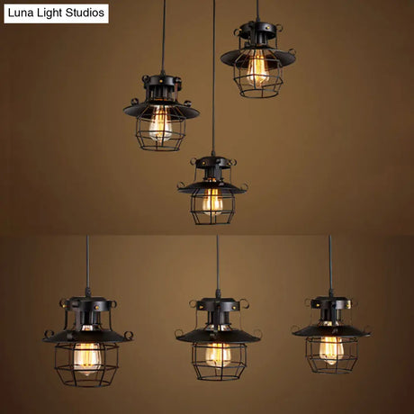 Vintage Industrial Black Metal Pendant Light With Dome Cage Shade And 3 Hanging Lights