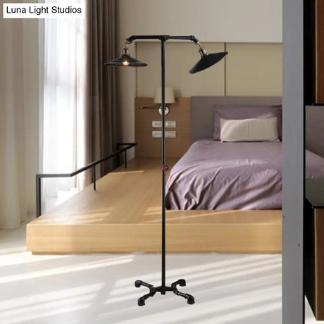 Vintage Industrial Black Metallic Standing Floor Lamp With Flared Lights - Perfect For Bedroom