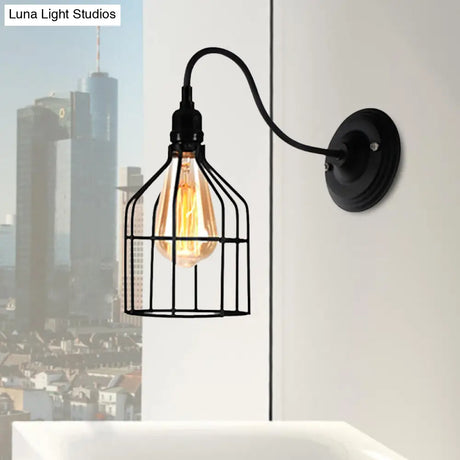 Vintage Industrial Black Wall Lamp Sconce With Wire Frame - Perfect For Coffee Shop Ambiance