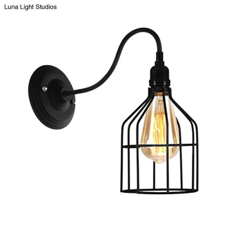 Vintage Industrial Black Wall Lamp Sconce With Wire Frame - Perfect For Coffee Shop Ambiance
