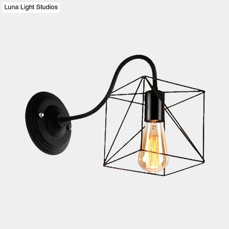 Vintage Industrial Black Wall Lamp Sconce With Wire Frame - Perfect For Coffee Shop Ambiance