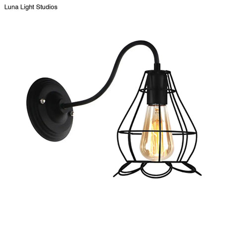 Vintage Industrial Black Wall Lamp Sconce With Wire Frame - Perfect For Coffee Shop Ambiance