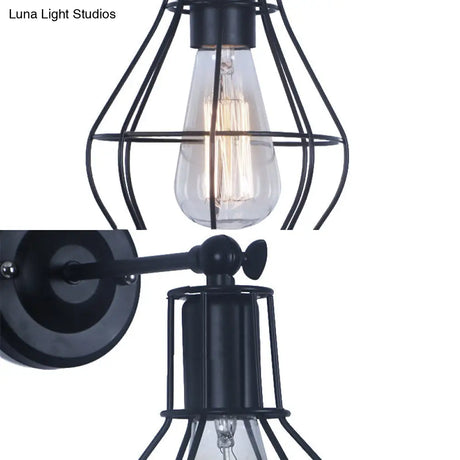 Vintage Industrial Black Wall Lamp Sconce With Wire Frame - Perfect For Coffee Shop Ambiance