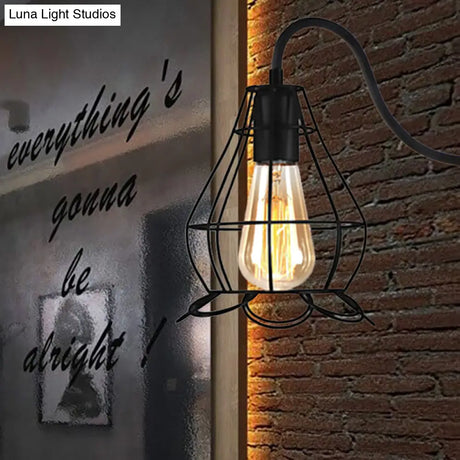 Vintage Industrial Black Wall Lamp Sconce With Wire Frame - Perfect For Coffee Shop Ambiance