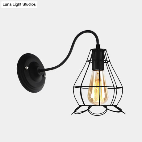 Vintage Industrial Black Wall Lamp Sconce With Wire Frame - Perfect For Coffee Shop Ambiance