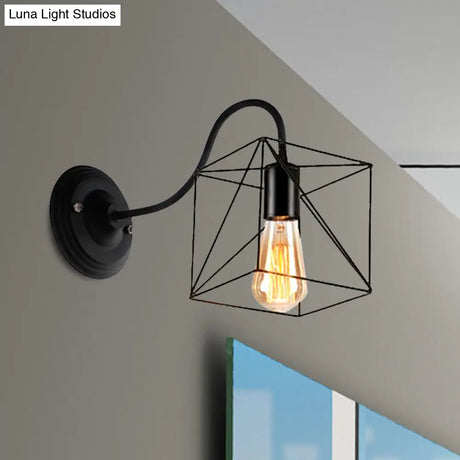 Vintage Industrial Black Wall Lamp Sconce With Wire Frame - Perfect For Coffee Shop Ambiance