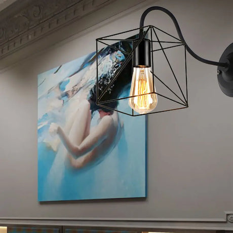 Vintage Industrial Black Wall Lamp Sconce With Wire Frame - Perfect For Coffee Shop Ambiance /