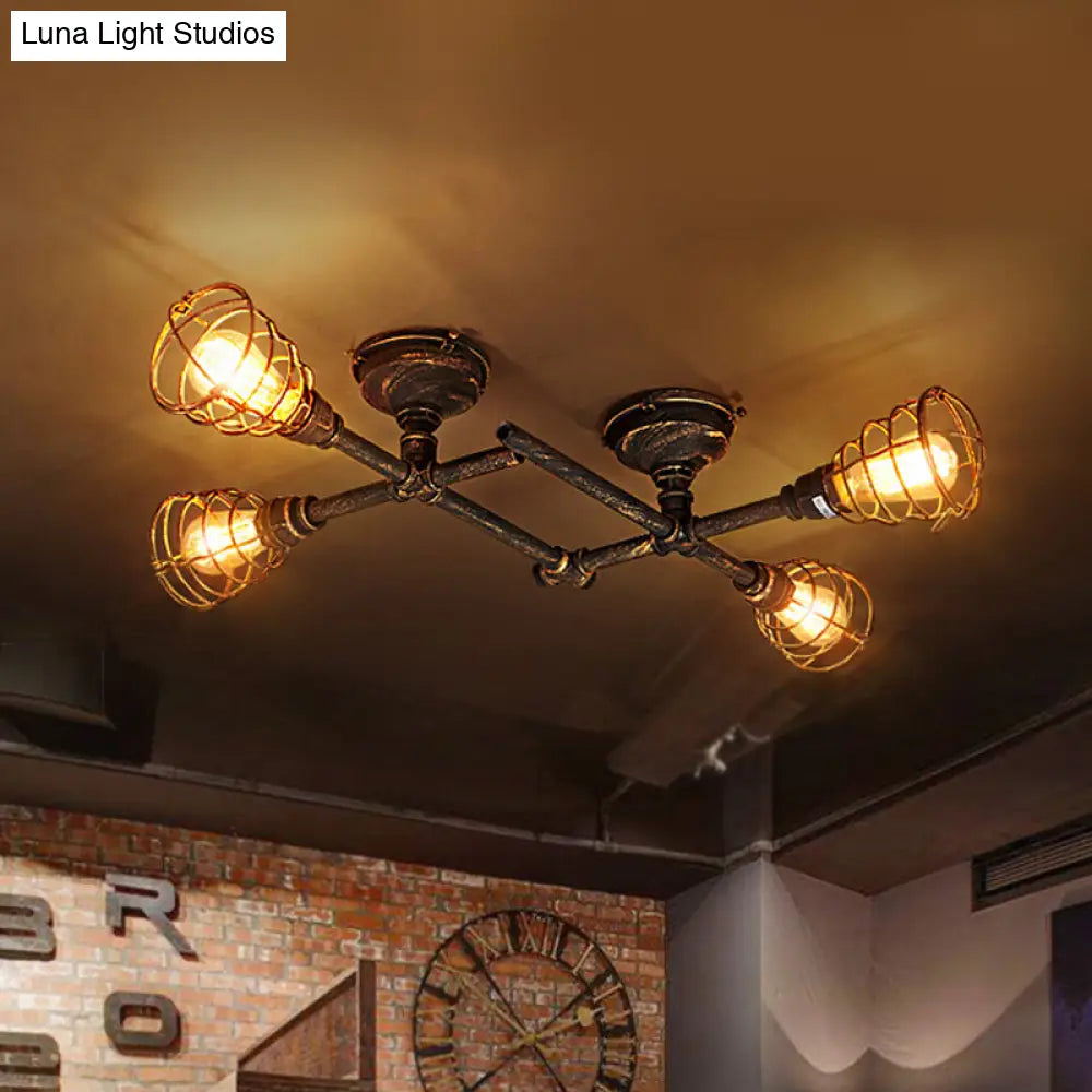 Vintage Industrial Brass Wire Cage Semi-Flush Light With Pipe - 4/6/8 Heads For Living Room Ceiling