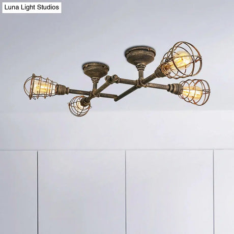 Vintage Industrial Brass Wire Cage Semi-Flush Light With Pipe - 4/6/8 Heads For Living Room Ceiling