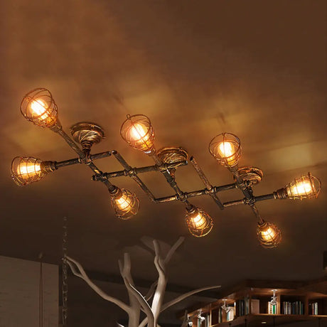Vintage Industrial Brass Wire Cage Semi-Flush Light With Pipe - 4/6/8 Heads For Living Room Ceiling