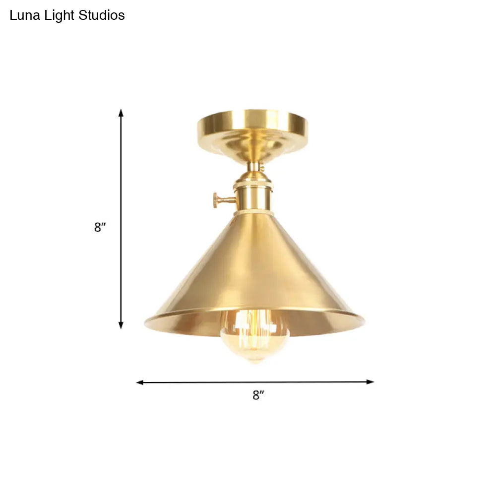 Vintage Industrial Brushed Brass Semi Flush Light - 1 Ceiling Mounted Balcony Fixture 8’/9.5’ Wide