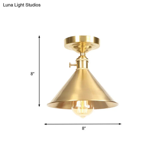 Vintage Industrial Brushed Brass Semi Flush Light - 1 Ceiling Mounted Balcony Fixture 8’/9.5’ Wide