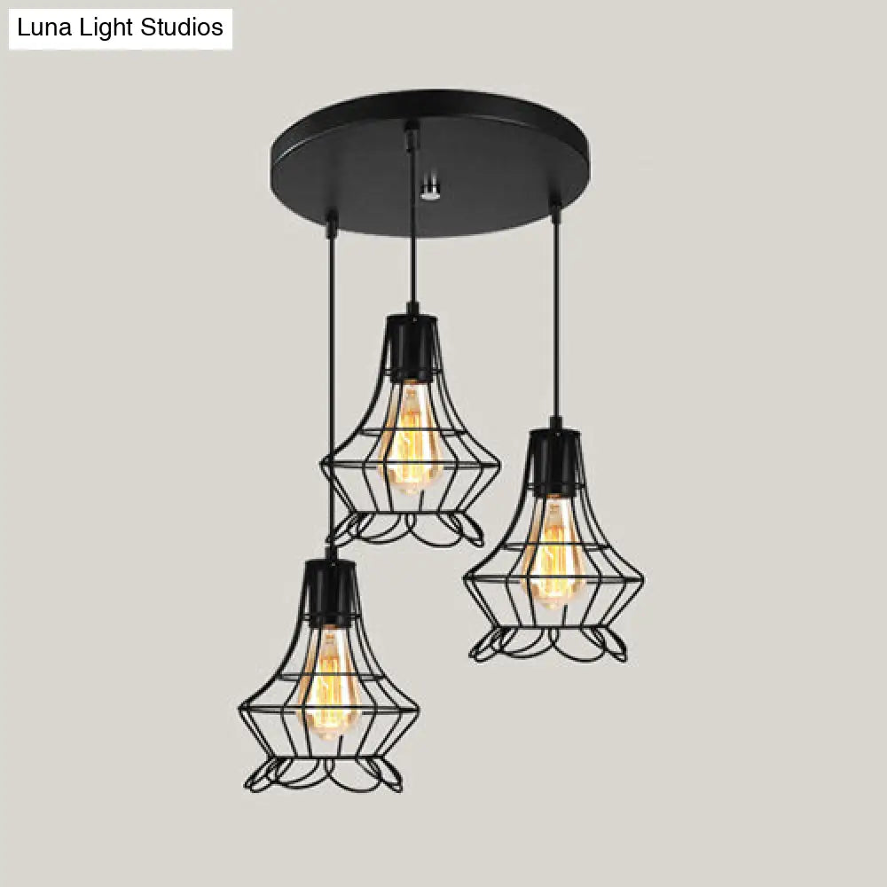 Vintage Industrial Caged Pendant Lighting - 3-Head Metallic Ceiling Light Black