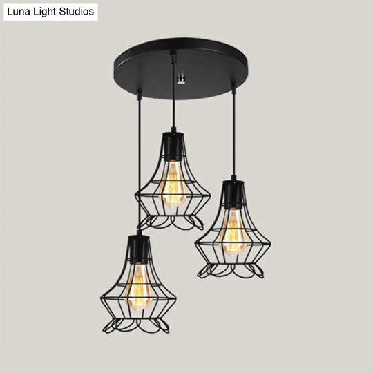 Vintage Industrial Caged Pendant Lighting - 3-Head Metallic Ceiling Light Black