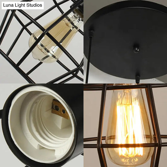 Vintage Industrial Caged Pendant Lighting - 3-Head Metallic Ceiling Light Black