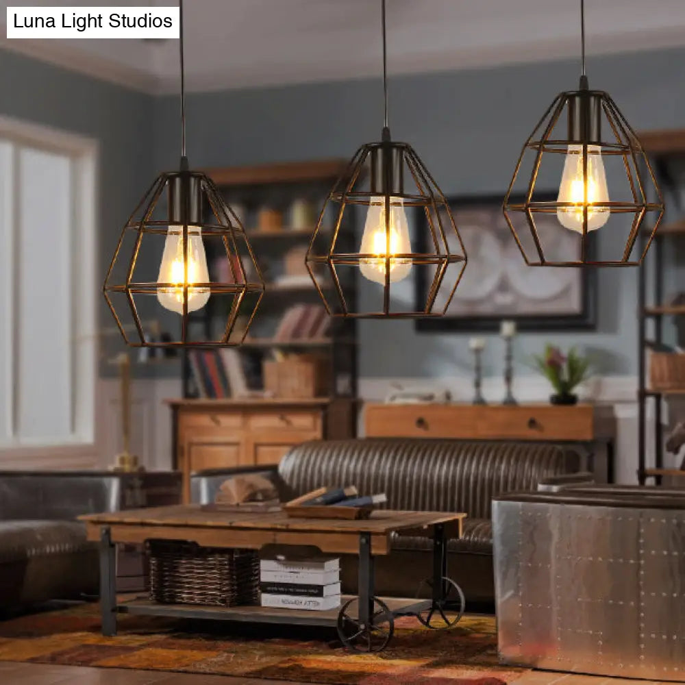 Vintage Industrial Caged Pendant Lighting - 3-Head Metallic Ceiling Light Black / A Linear