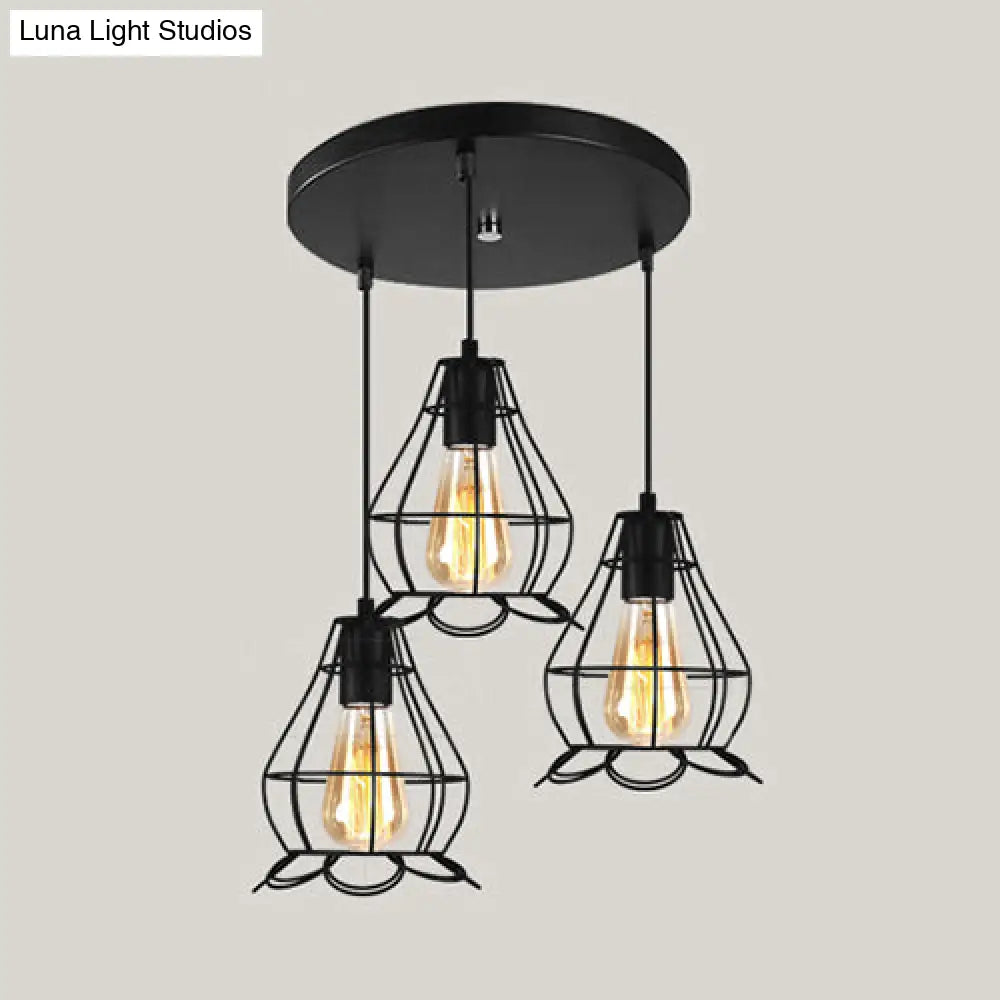 Vintage Industrial Caged Pendant Lighting - 3-Head Metallic Ceiling Light Black / E Round
