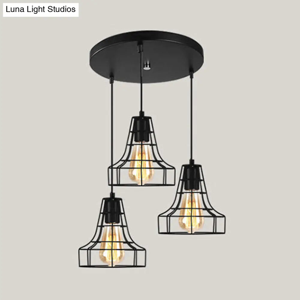 Vintage Industrial Caged Pendant Lighting - 3-Head Metallic Ceiling Light Black / F Round