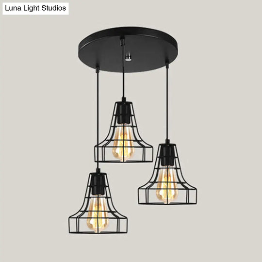 Vintage Industrial Caged Pendant Lighting - 3-Head Metallic Ceiling Light Black / F Round