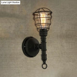 Vintage Industrial Caged Sconce Lamp - Metal Wall Mount Light With Water Pipe Black Finish For