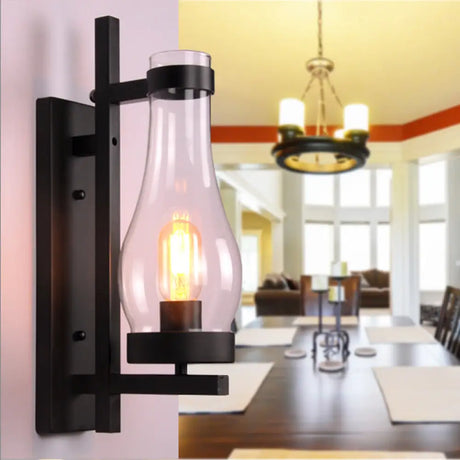 Vintage Industrial Clear Glass Sconce Wall Lamp - Black Vase/Birdcage/Oval Corridor Design / Vase